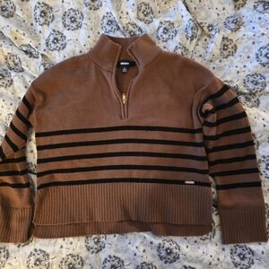 DKNY Women's Brown and Black Striped Turtleneck Sweater